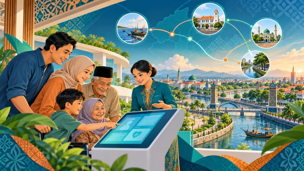 Ilustrasi pusat informasi Apotek BPJS Pekalongan dengan dataran pesisir Kota Pekalongan, aliran sungai dan kanal, koridor antarkecamatan, serta pola tekstil geometris yang abstrak